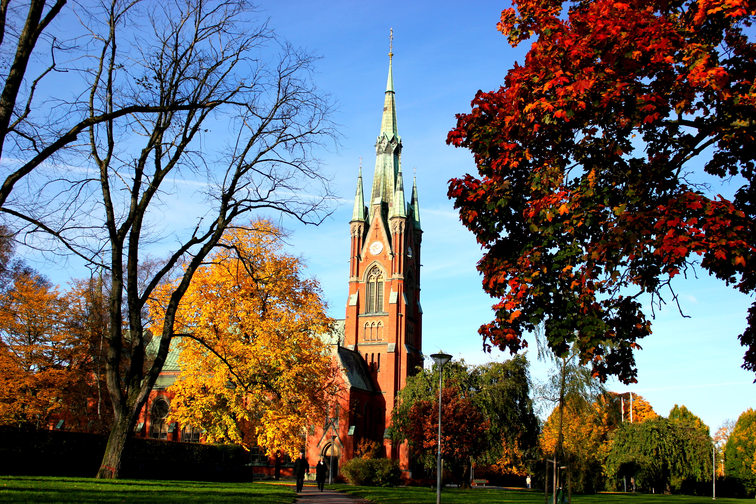 Church fall. Католический храм Швеция. Vilnius Cathedral осень. Осень в городе.