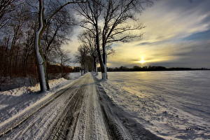 Фотографии Сезон года Зима Дороги Небо Снеге HDR