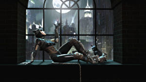 Фото Batman Супергерои Женщина-кошка герой Окно В ночи Луна Игры Девушки 3D_Графика