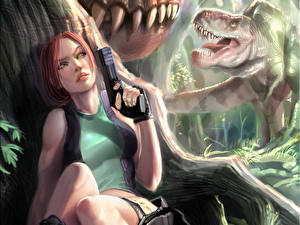 Картинки Tomb Raider Воины Пистолеты Динозавры Лара Крофт Lara Croft компьютерная игра Девушки