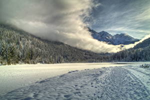 Фотографии Времена года Зима Леса Небо Горы Снег Облако HDR