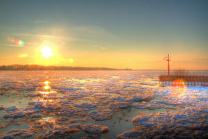 Фото Рассветы и закаты Германия Река Небо Снег HDR Лед Солнца Эльба