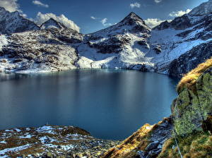Фотографии Горы Озеро Австрия Снеге HDRI Альпы