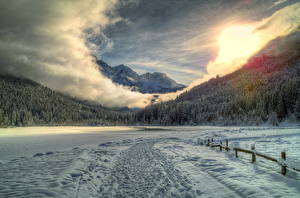 Картинки Пейзаж Австрия Гора Леса Небо Снеге Облачно HDR Альп